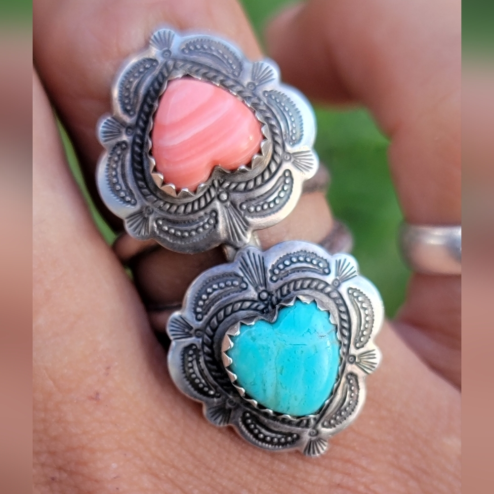 Southwestern double hearts pink shell turquoise ornate stamping QT 925 sterling